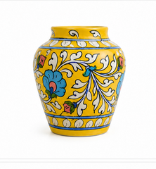 Latest Elegant Handmade Yellow Colour Handi vase With Flower Design Blue Pottery Of Jaipur