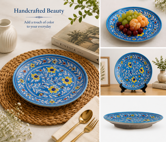 Handmade Beautiful Flower Design Wall Plate Blue Pottery Of Jaipur