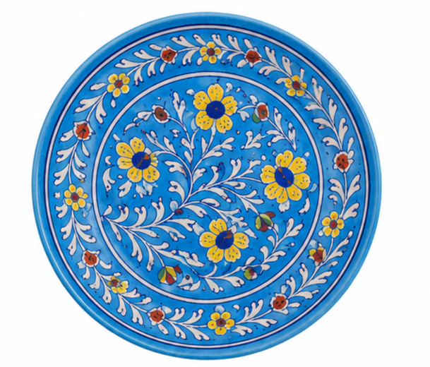 Handmade Beautiful Flower Design Wall Plate Blue Pottery Of Jaipur