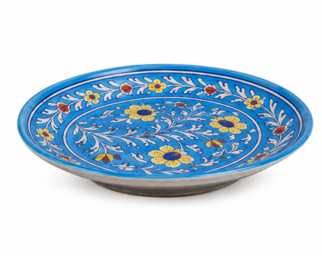 Handmade Beautiful Flower Design Wall Plate Blue Pottery Of Jaipur