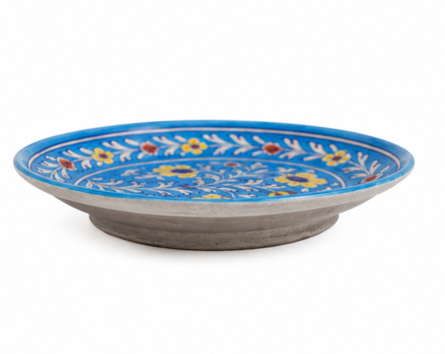 Handmade Beautiful Flower Design Wall Plate Blue Pottery Of Jaipur