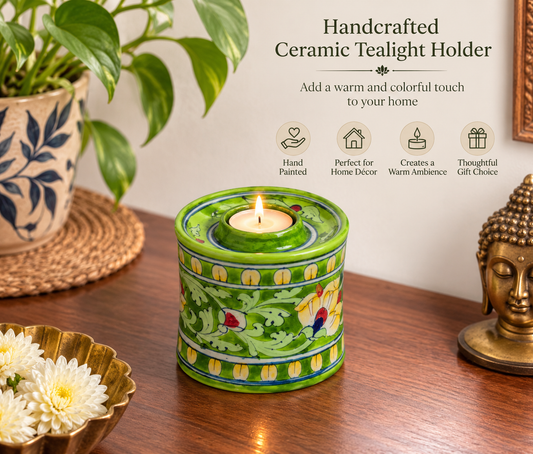 Beautiful Handmade Green Colour Chimney Lamp With Flower Design Blue Pottery Of Jaipur