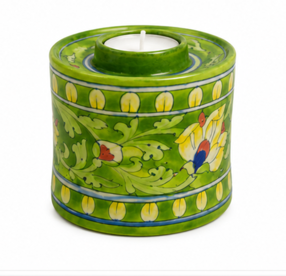 Beautiful Handmade Green Colour Chimney Lamp With Flower Design Blue Pottery Of Jaipur