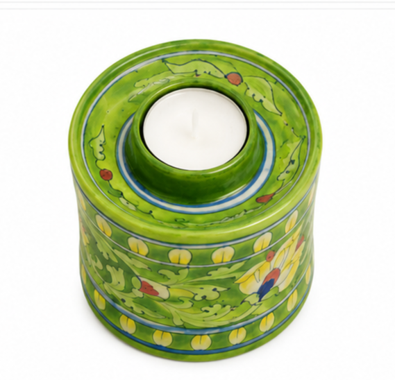 Beautiful Handmade Green Colour Chimney Lamp With Flower Design Blue Pottery Of Jaipur