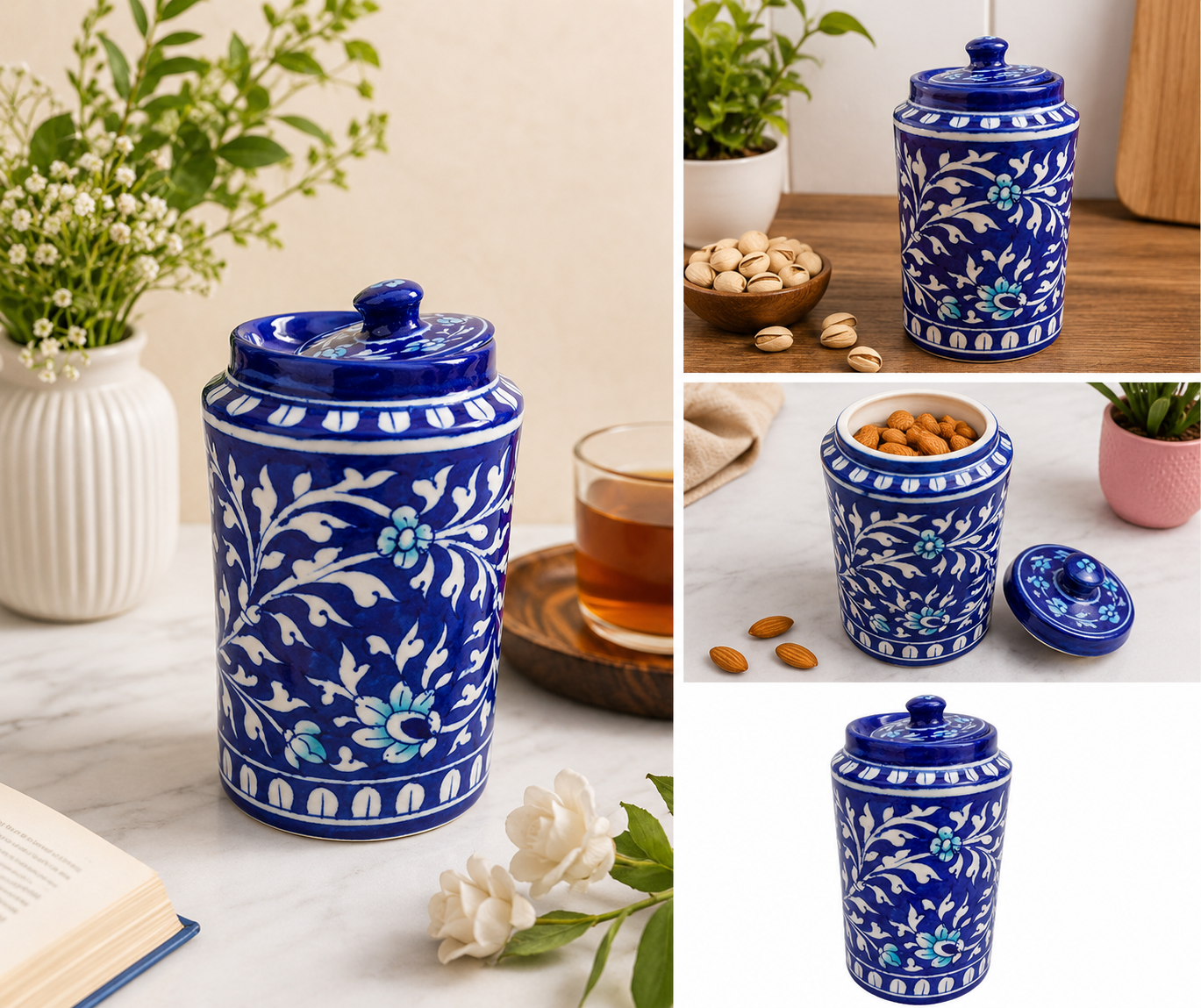 Handmade Blue Colour Burnee Jar With Flower Design Blue Pottery Of Jaipur