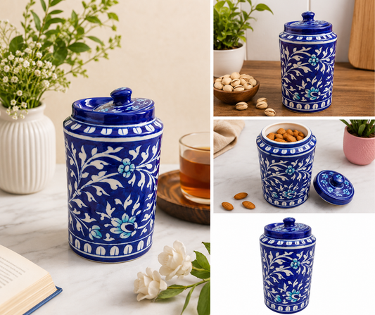 Handmade Blue Colour Burnee Jar With Flower Design Blue Pottery Of Jaipur