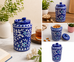 Handmade Blue Colour Burnee Jar With Flower Design Blue Pottery Of Jaipur