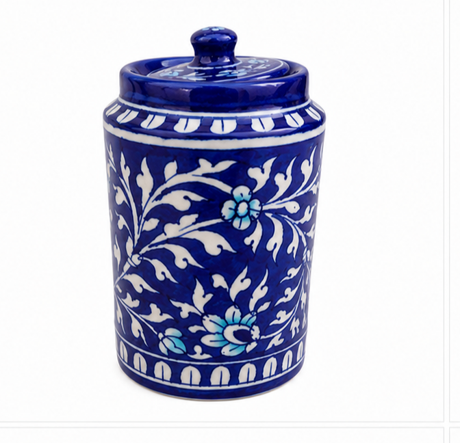 Handmade Blue Colour Burnee Jar With Flower Design Blue Pottery Of Jaipur