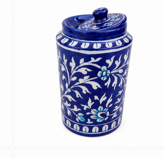 Handmade Blue Colour Burnee Jar With Flower Design Blue Pottery Of Jaipur