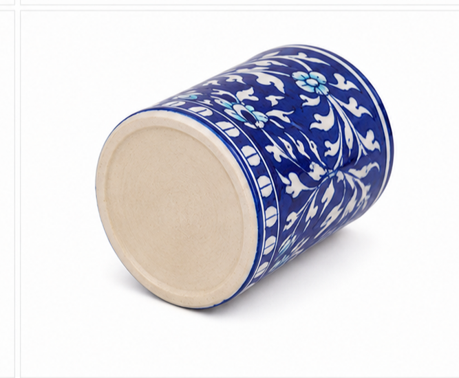 Handmade Blue Colour Burnee Jar With Flower Design Blue Pottery Of Jaipur
