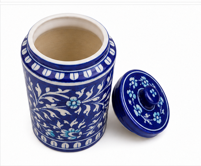 Handmade Blue Colour Burnee Jar With Flower Design Blue Pottery Of Jaipur