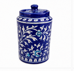 Handmade Blue Colour Burnee Jar With Flower Design Blue Pottery Of Jaipur