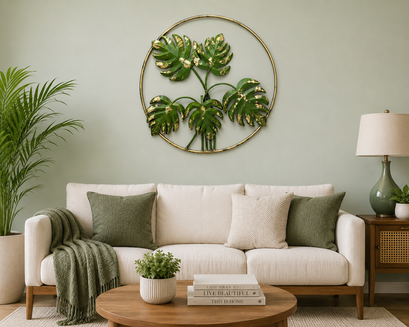 Green Palm Leaf In Ring Metal Wall Décor