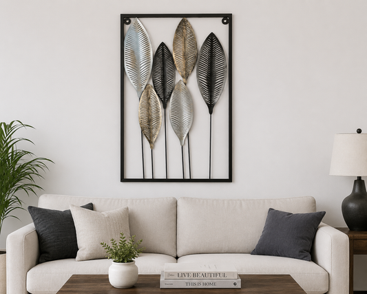 Iron Black & Gold Leaves Rectangular Wall Décor
