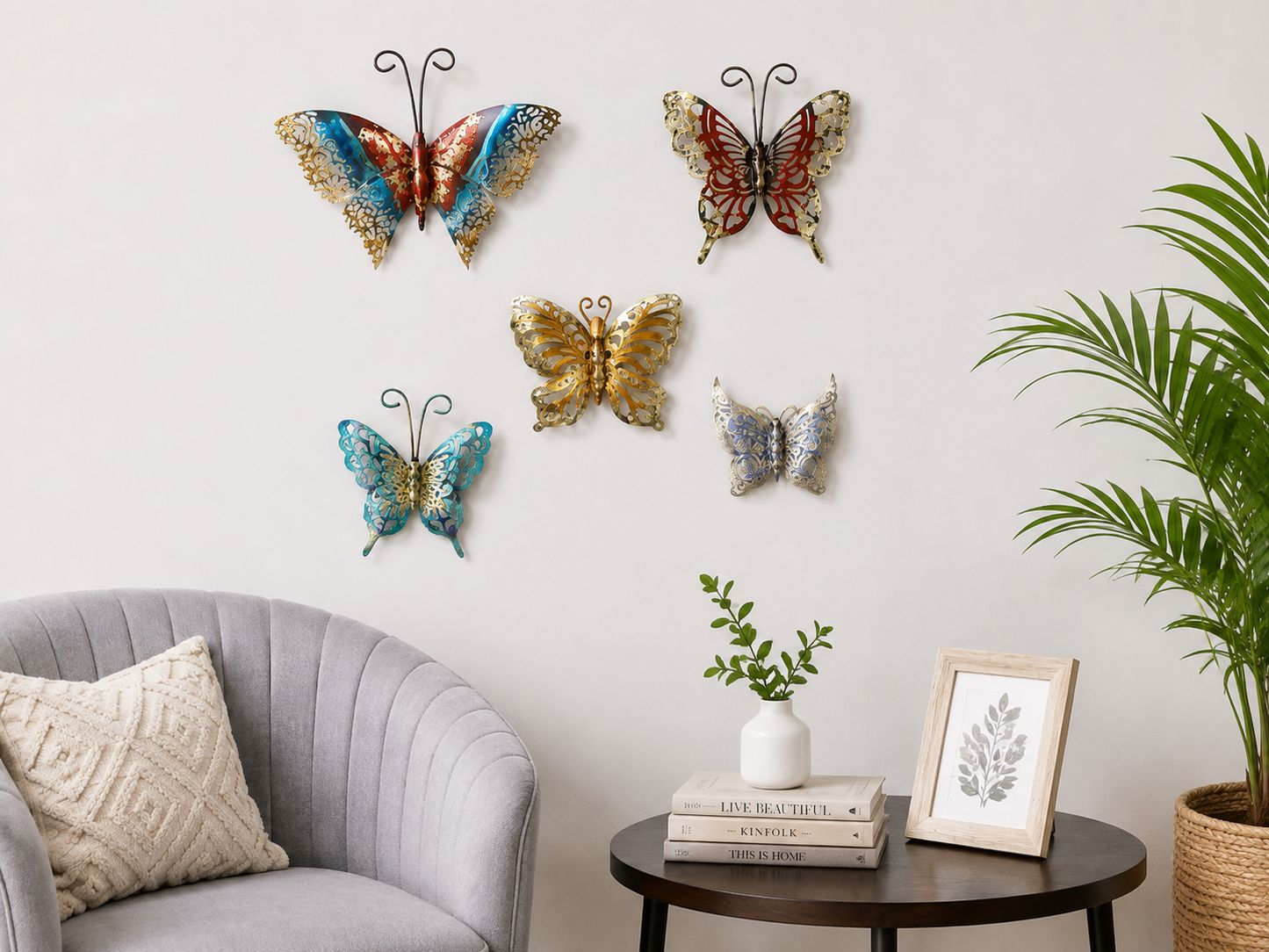 Golden Metal Butterfly Set Of 5 Wall Art