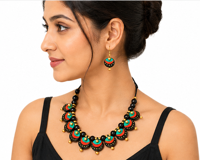 Handmade Molela Terracotta Clay Jewellery Set in Beautiful Multi Colour