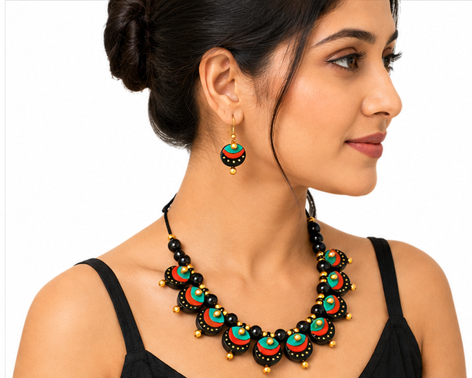 Handmade Molela Terracotta Clay Jewellery Set in Beautiful Multi Colour