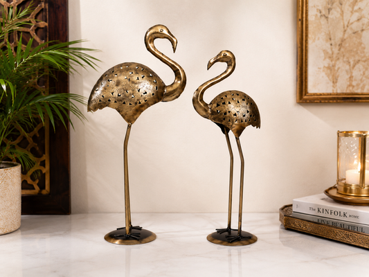 Antique Metal Crane Tea Light Set Of 2