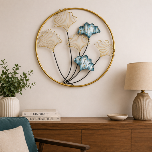 Multicolour Iron Leaves Round Frame Wall Art