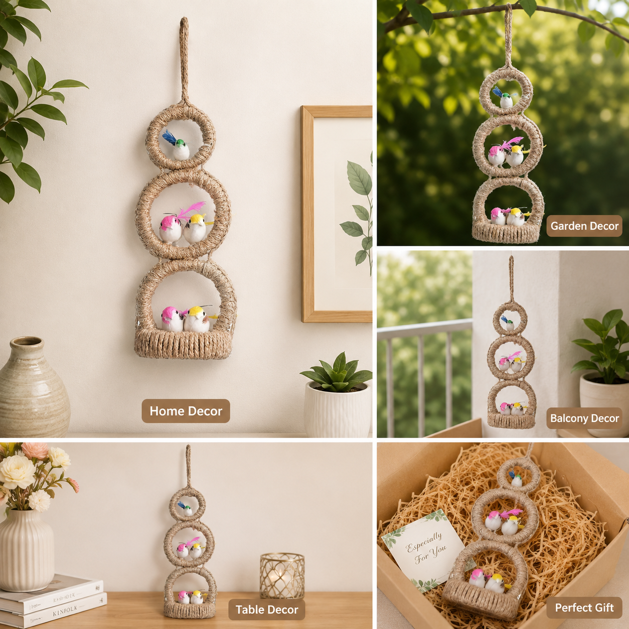 Jute Nest Wall Hanging with 5 birds
