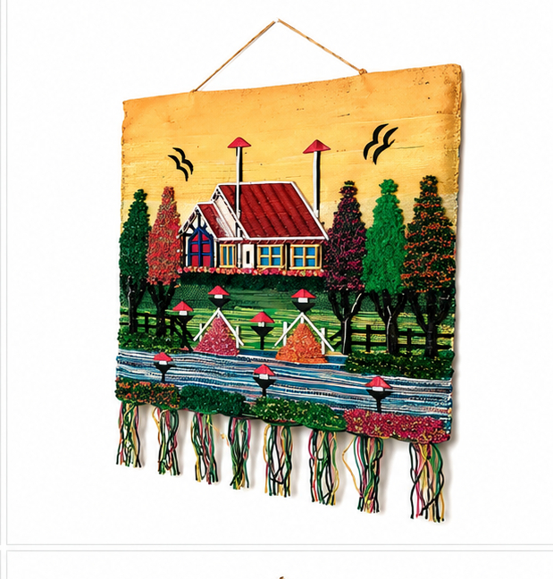 Jute Wall Hanging of Colourful House with Trees
