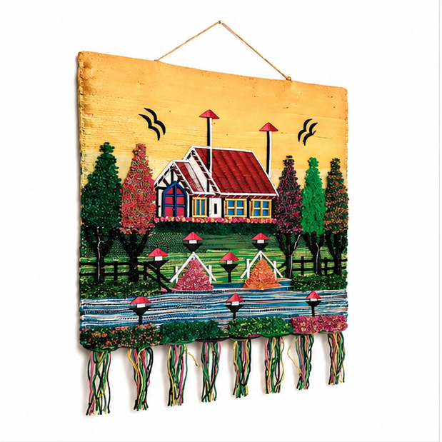 Jute Wall Hanging of Colourful House with Trees