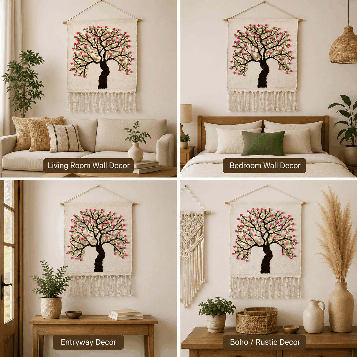 Jute Wall Hanging of Tree with Pink Flowers
