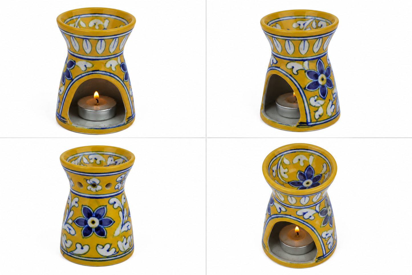 Elegant Yellow Colour Oil Lamp With Flower Design Blue Pottery Of Jaipur