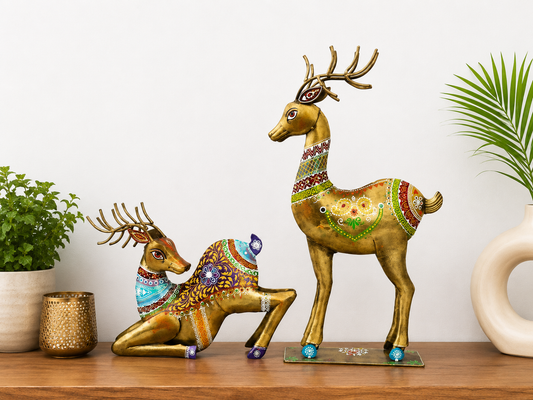 Colourful Antique Deer Show Décor Set of 2