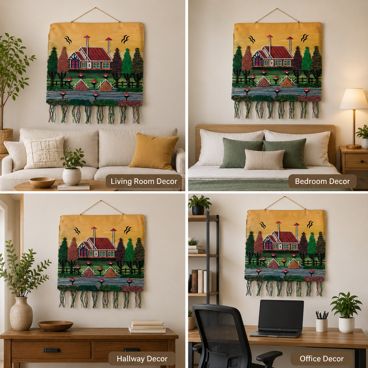 Jute Wall Hanging of Colourful House with Trees