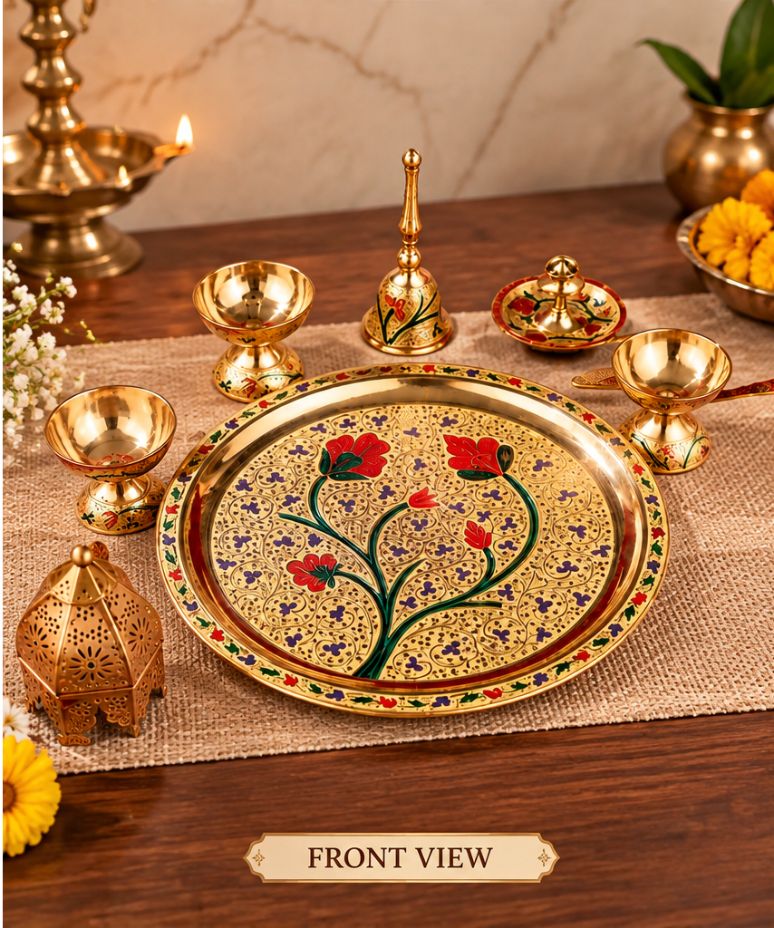 Fancy Pure Brass Matte Puja Thali Of 8