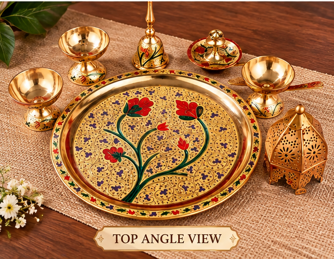 Fancy Pure Brass Matte Puja Thali Of 8
