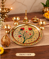 Fancy Pure Brass Matte Puja Thali Of 8