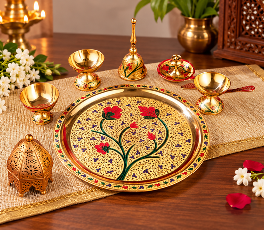 Fancy Pure Brass Matte Puja Thali Of 8