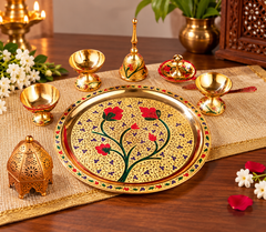 Fancy Pure Brass Matte Puja Thali Of 8