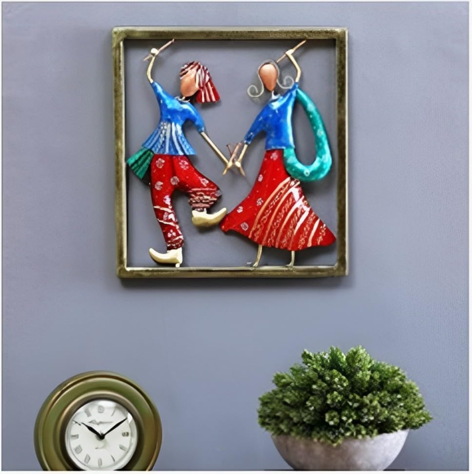 Couple Playing Dandiya Decorative Frame For Home and Office Decoration, Traditional Indian Wall Decor, Artistic Dandiya Dance Showpiece, Perfect Wall Hanging Frame Multicolour