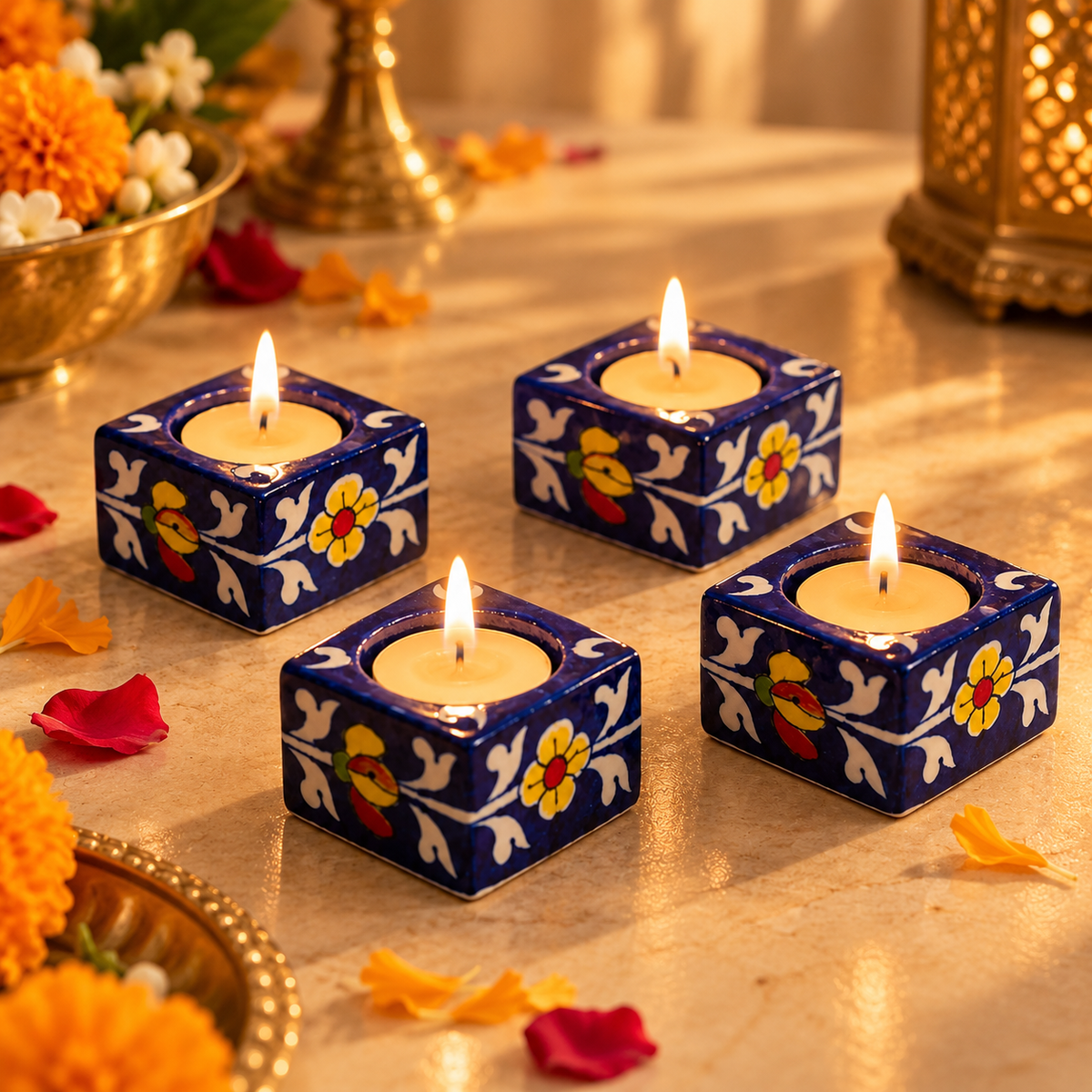 Neel Mehfil | Jaipur Blue Pottery Candle Stand, Set of 4
