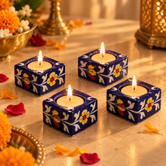 Neel Mehfil | Jaipur Blue Pottery Candle Stand, Set of 4