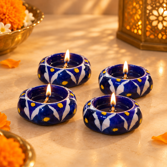 Handmade Beautiful Blue Pottery of Jaipur Diya (Set of 4)