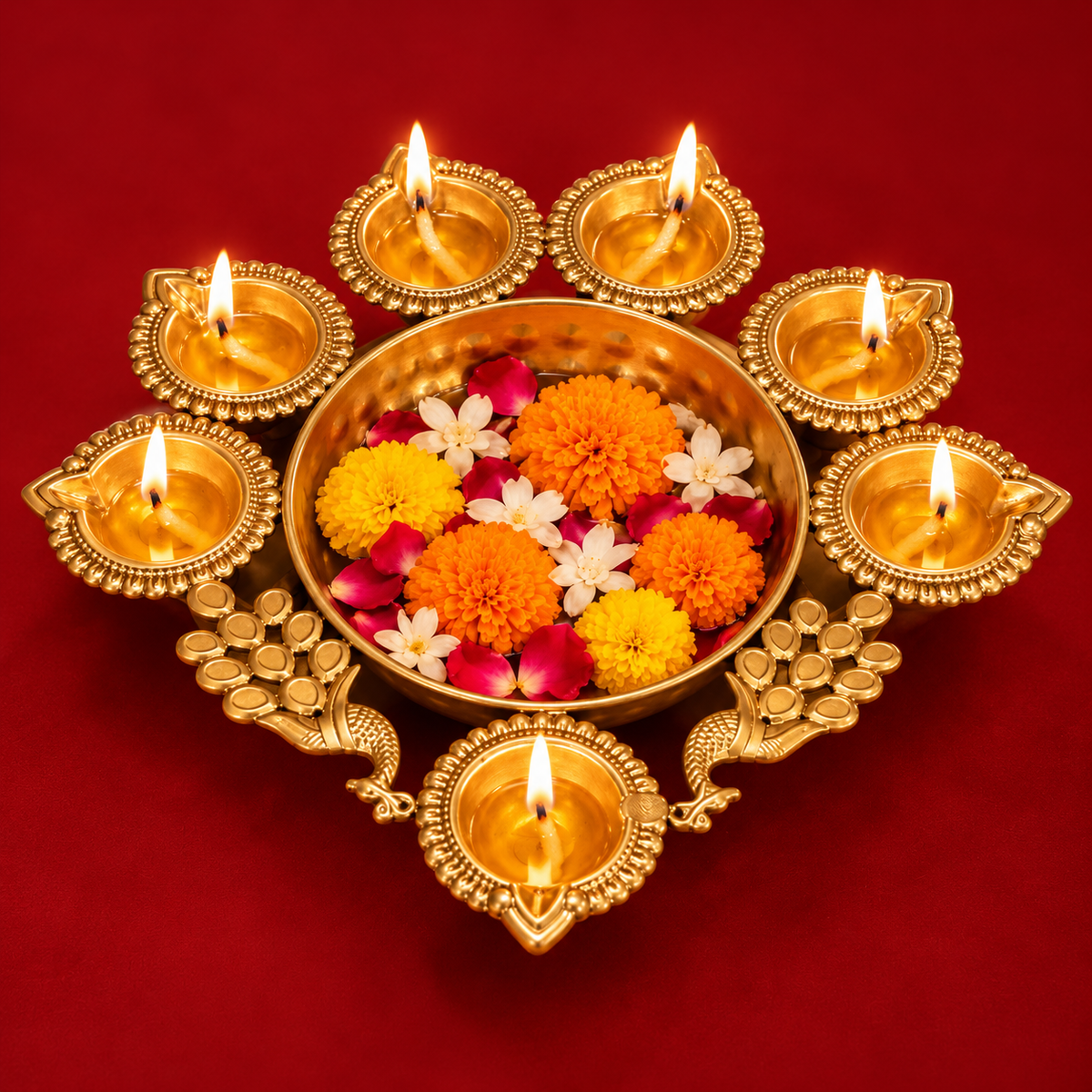 Mor Aangan | Moradabad Iron Peacock Urli with Diyas, 12 Inch