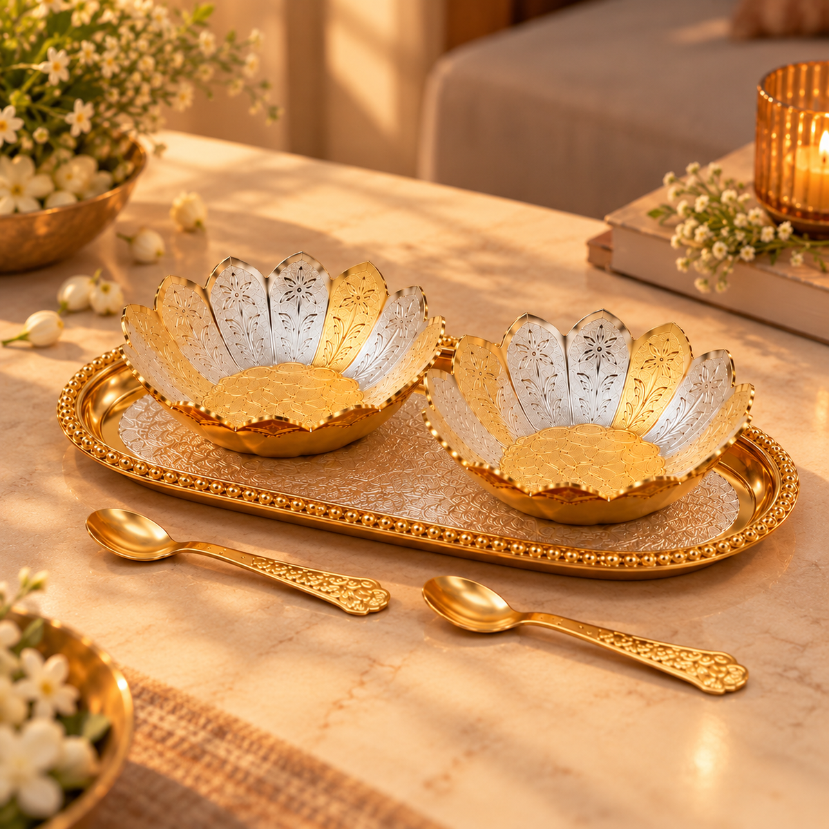 Padma Pair | Moradabad Golden Brass Lotus Bowls, Set of 2