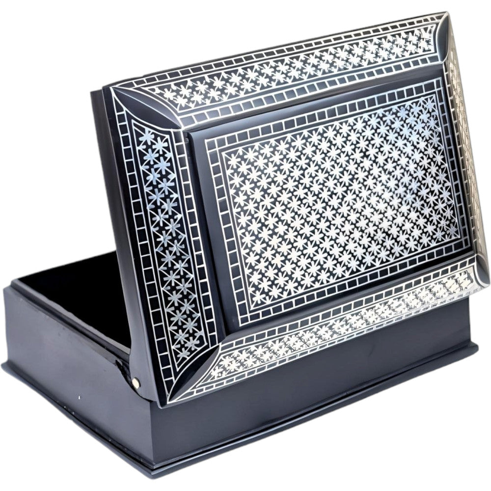 Handcrafted Bidriware Art Work Black Metal Square Silver Inlay Jewellery Box