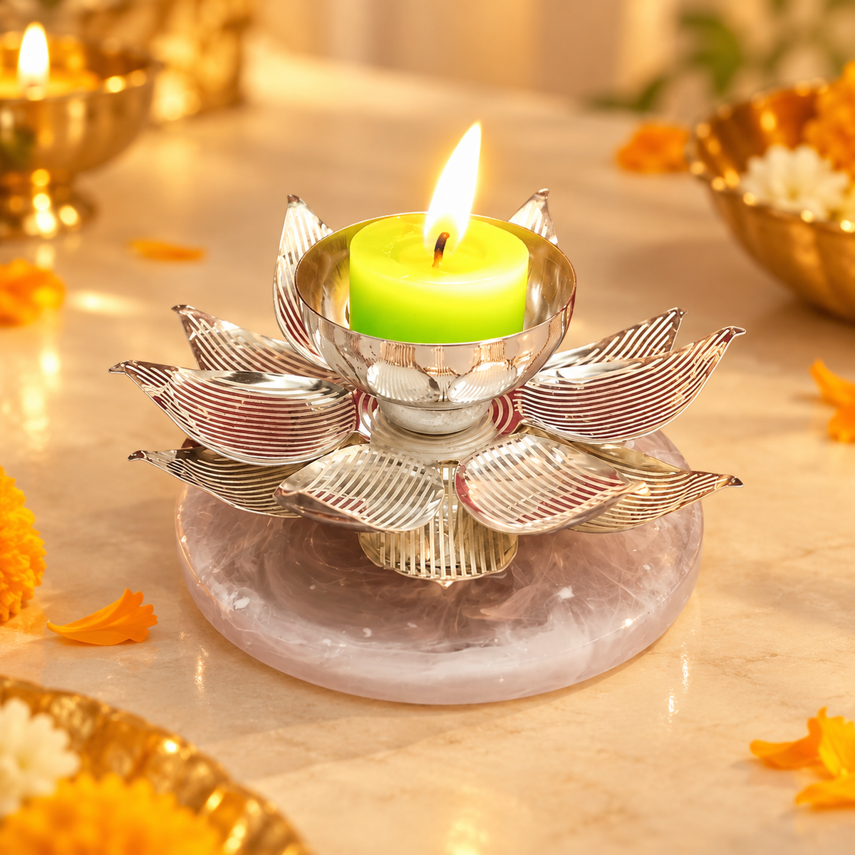 Premium Silver-Finish Lotus Tea-Light Holder (With Resin Base)