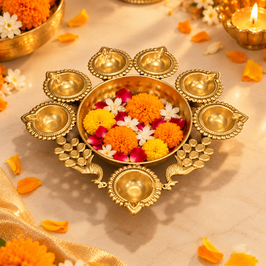 Decorative Iron Diya and Peacock Urli (with Gift Box)