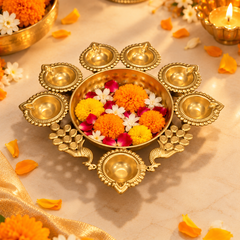 Mor Aangan | Moradabad Iron Peacock Urli with Diyas, 12 Inch