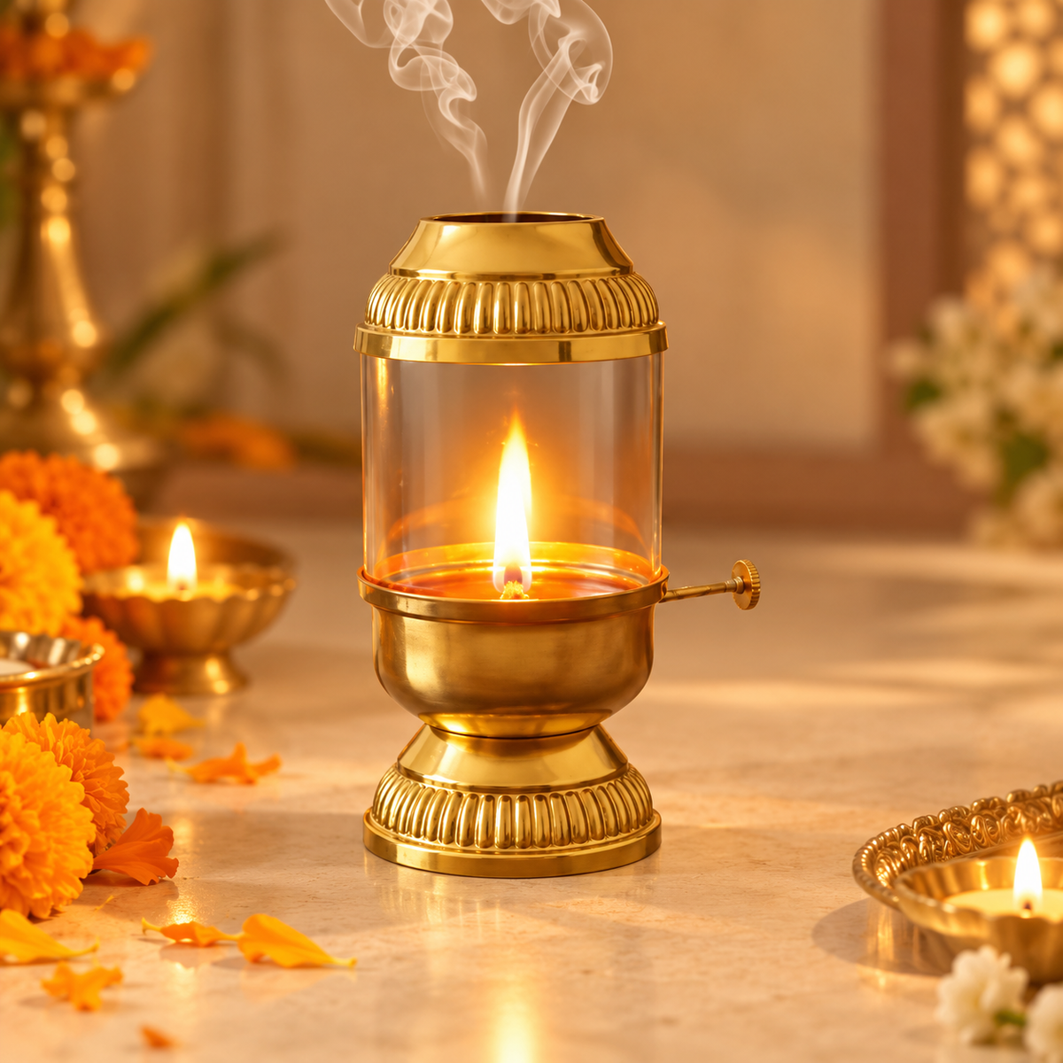 Akhand Diya / Brass Oil Lamp (With Glass Cover)