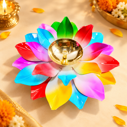Premium Colorful Metal Lotus Diya with Decorative Black Gift Box