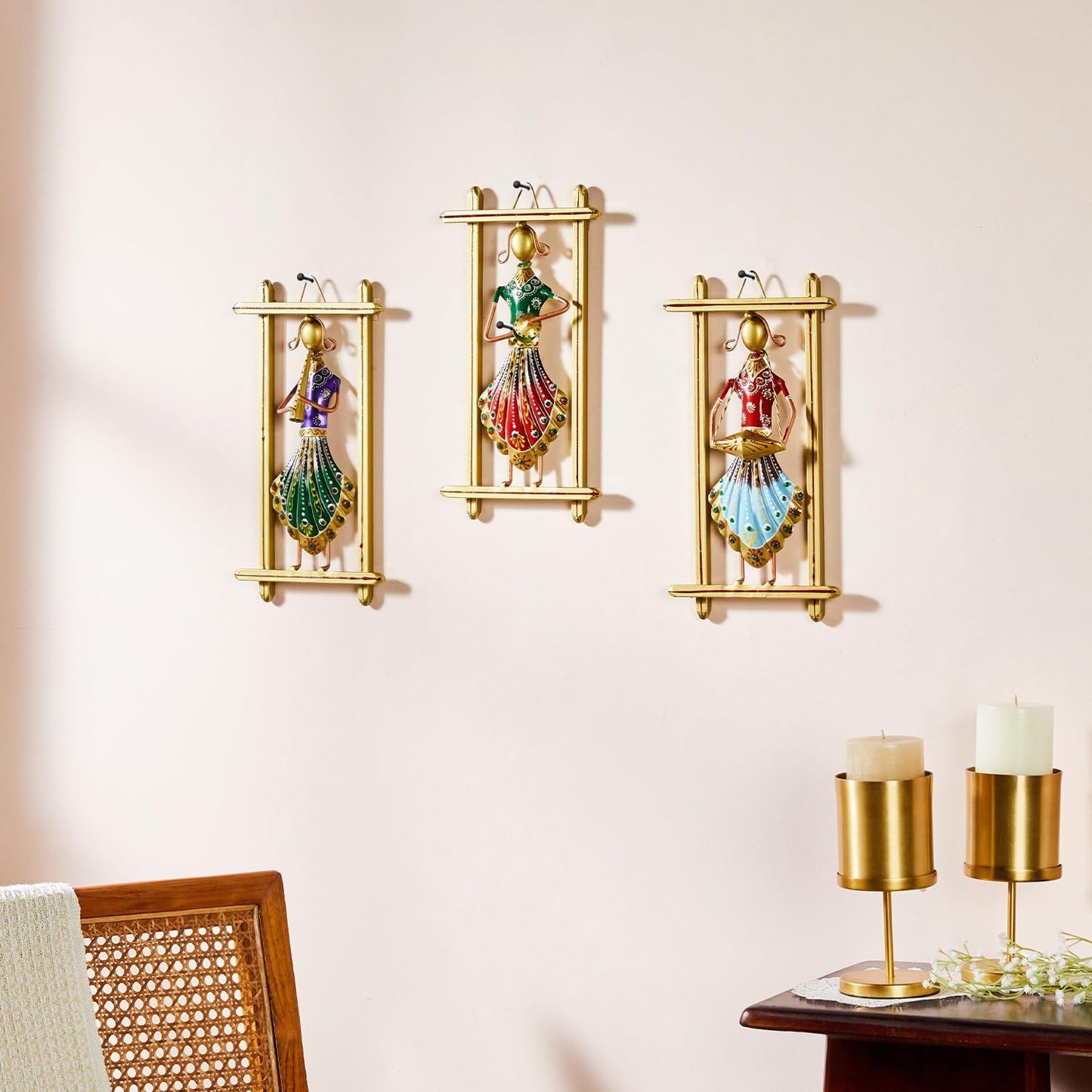 Metal Musician Wall Hanging Showpiece Set of 3 - Handmade Rajasthani Wall Decor for Living Room Bedroom Home | Iron Musical Art 11 Inch | Housewarming Gift (Set of 3_ Rajasthani_Multicolour)