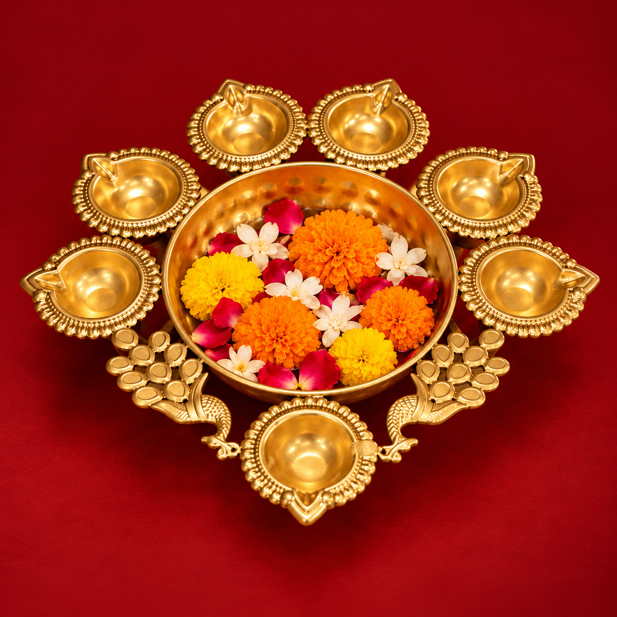 Mor Aangan | Moradabad Iron Peacock Urli with Diyas, 12 Inch