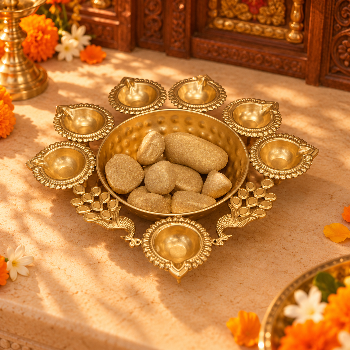 Mor Aangan | Moradabad Iron Peacock Urli with Diyas, 12 Inch